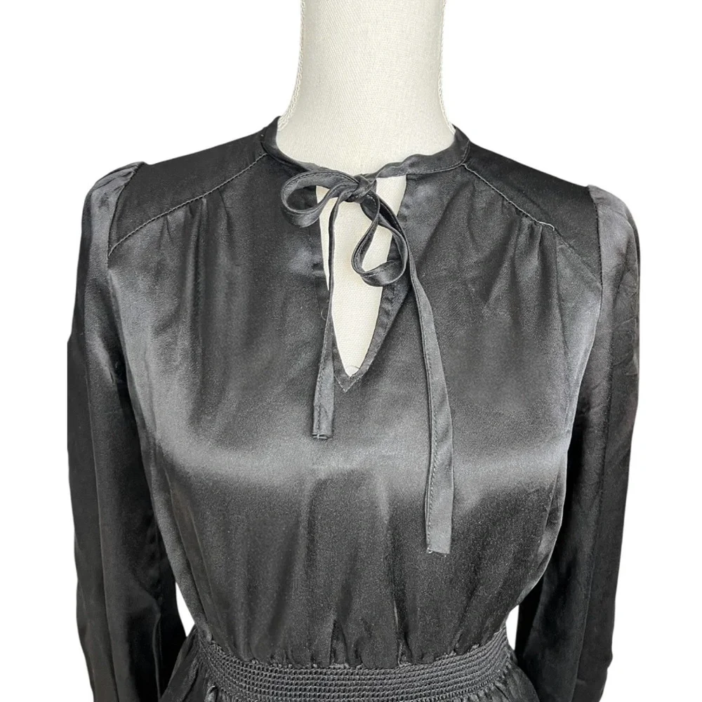 Vintage 70s Black Satin long sleeve Blouse chic retro neutral minimalist